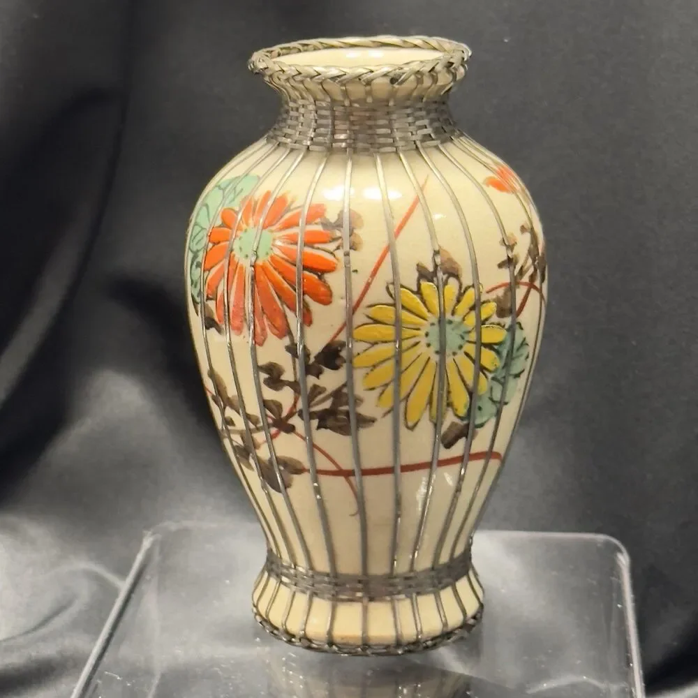 Japanese Meiji period Awaji Vase w/silver basket weave overlay pottery floral de